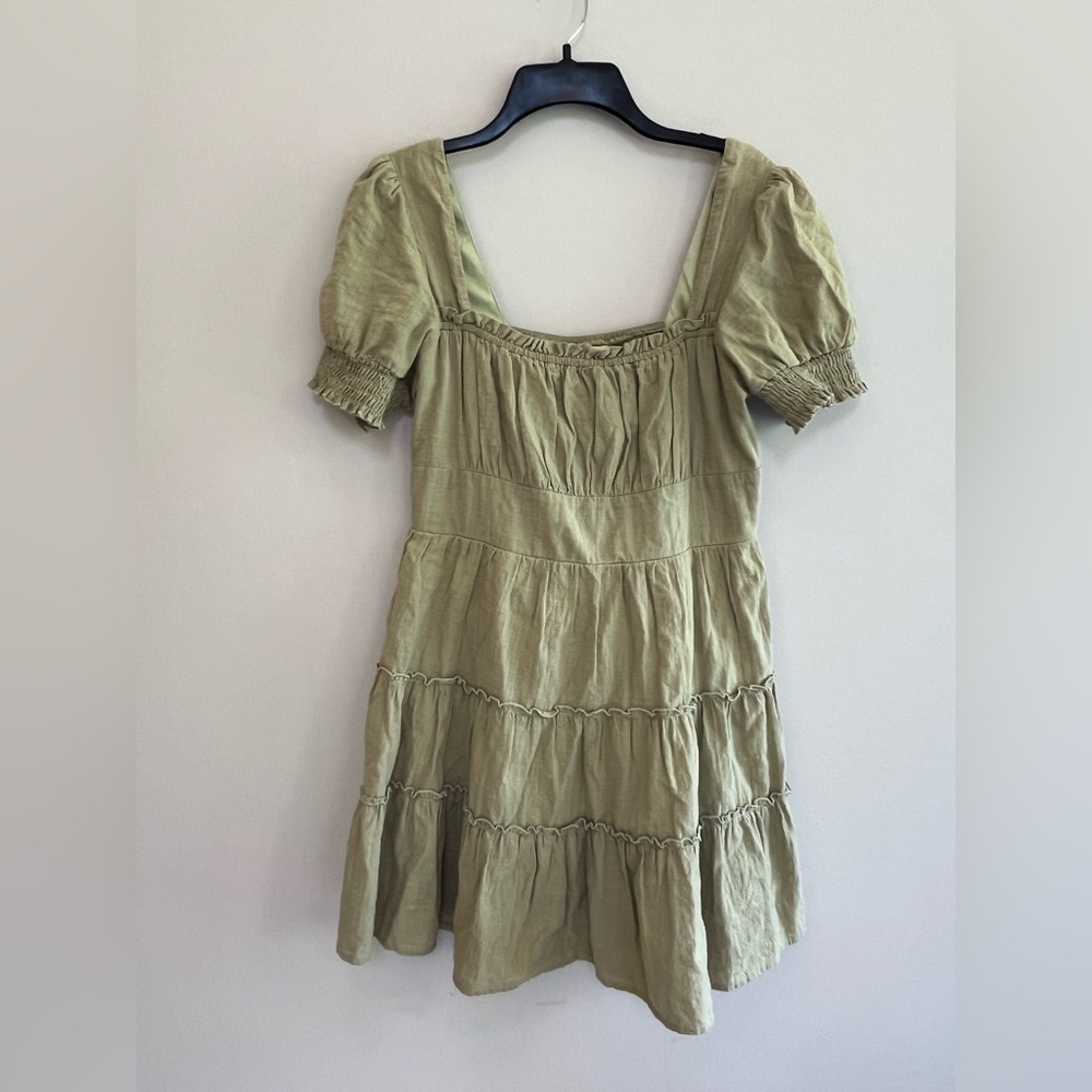 Altar’d State Kendall Puff Sleeve Light Green Tiered Mini Dress, L